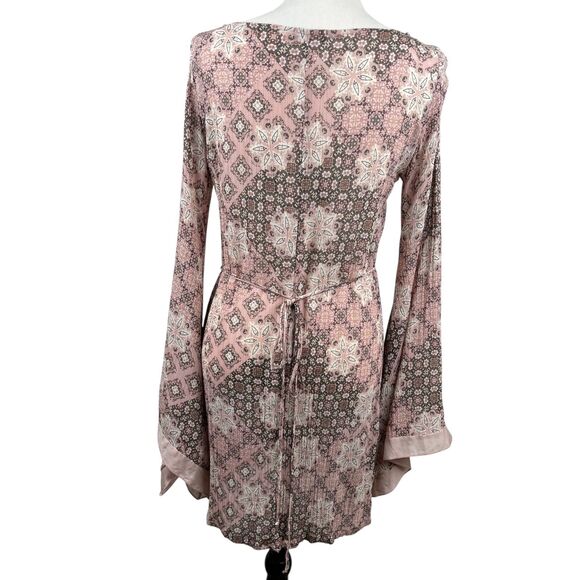 Kookai Mini Dress Size 2 Pink Brown Geometric Floral Long Sleeve Boho Hippie - Picture 6 of 12